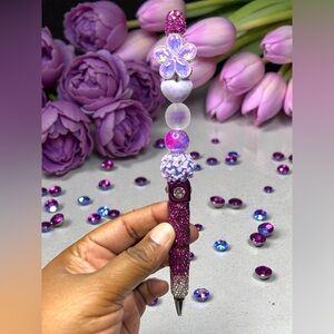 Handmade Purple Flower and Pink Beaded Pen